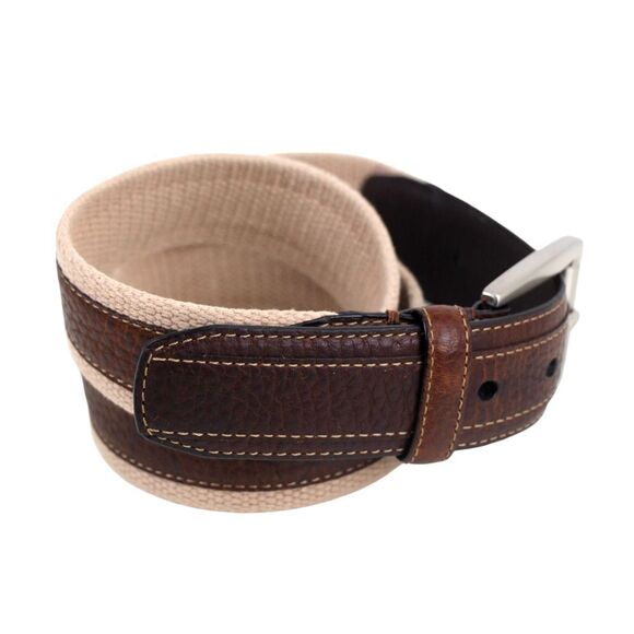 DH BROWN REAL LEATHER BEIGE CANVAS 1 3/8"Wd CASUAL DRESS MEN BELT Sz 36/90 (A22 - Picture 3 of 10